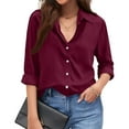 thumbnail image 2 of Womens Cotton Linen Button Down Shirts Loose Fit Long Sleeve Collared Blouse Casual V Neck Tops Outfits S-3XL Wine XL, 2 of 6