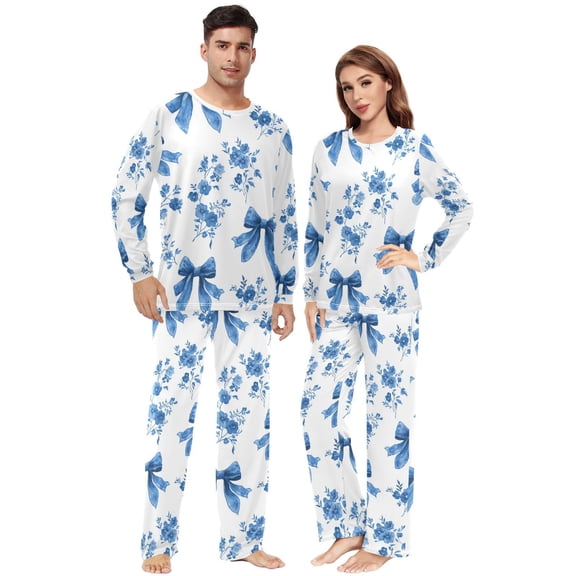 Matching Pajamas for Couples Blue Bows and Flower His and Hers Pajamas Sets Soft Long Sleeve Sleepwea