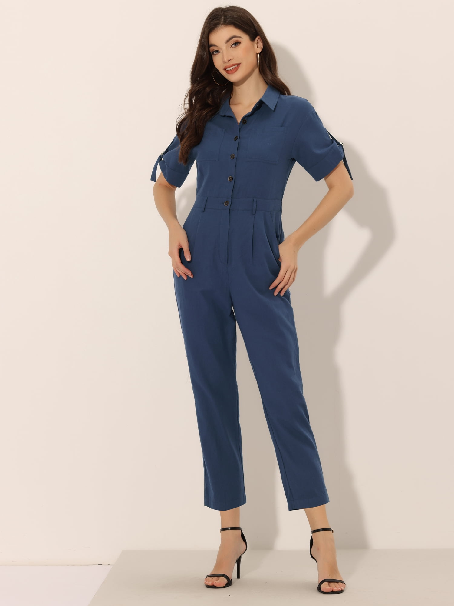 DARING DIVA Women's Button Up Tie Waist Jumpsuit with Pockets XS Dark Blue