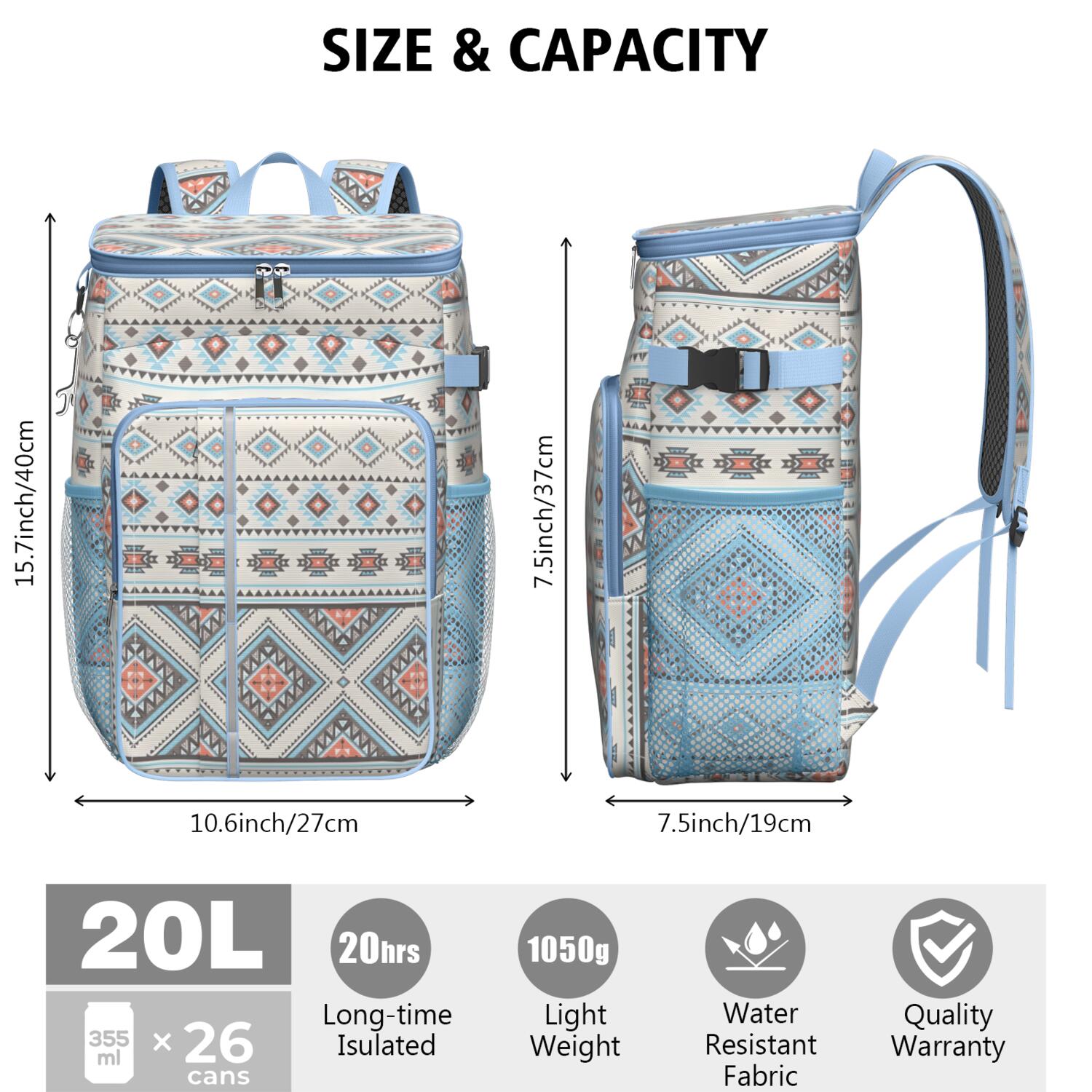 Travel Cooler Bag - Boho Bohemia Pioneer Flower Geometric Line Art Camping Beer Cooler Backpack with Bottle Opener- Waterproof Insulated Picnic Backpacks - Cooler Bag for Beach
