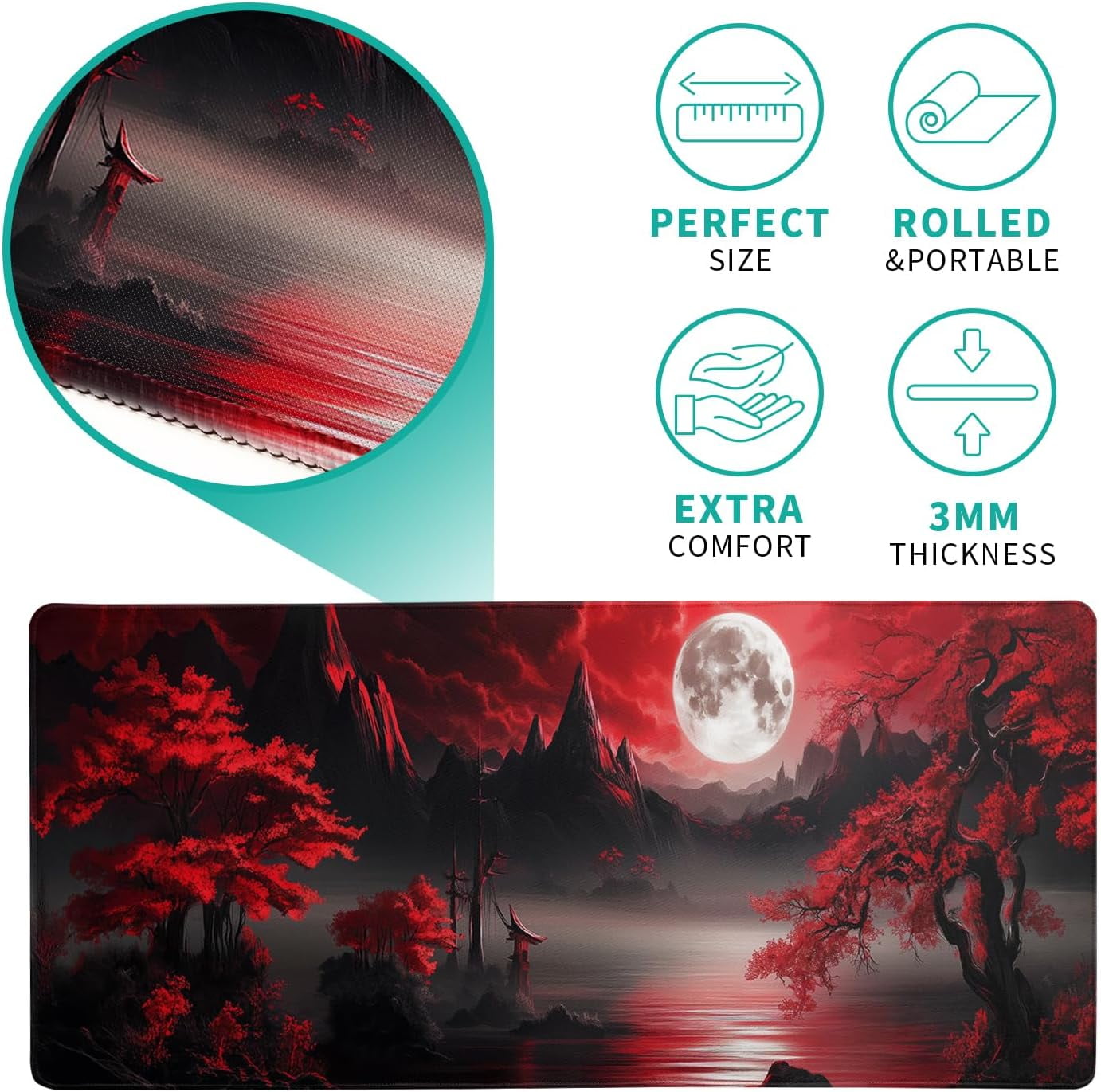 Darkness Red Moon Desk Mat - Large Gaming Mouse Pad, Non-Slip Computer Mat - for Teenagers, Boyfriends & Girlfriends - Perfect for E-Sports, Office & Gaming - Ideal Gift for Gamers