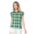 thumbnail image 3 of INSPIRE CHIC Women's Point Collar Short Cap Sleeves Plaids Button Down Shirt XL Green, 3 of 9