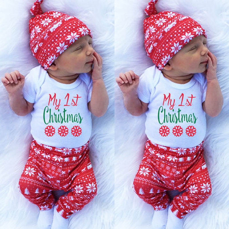 Christmas Newborn Baby Kids Boy Girls Romper Bodysuit+Hat Outfits Set Clothes 