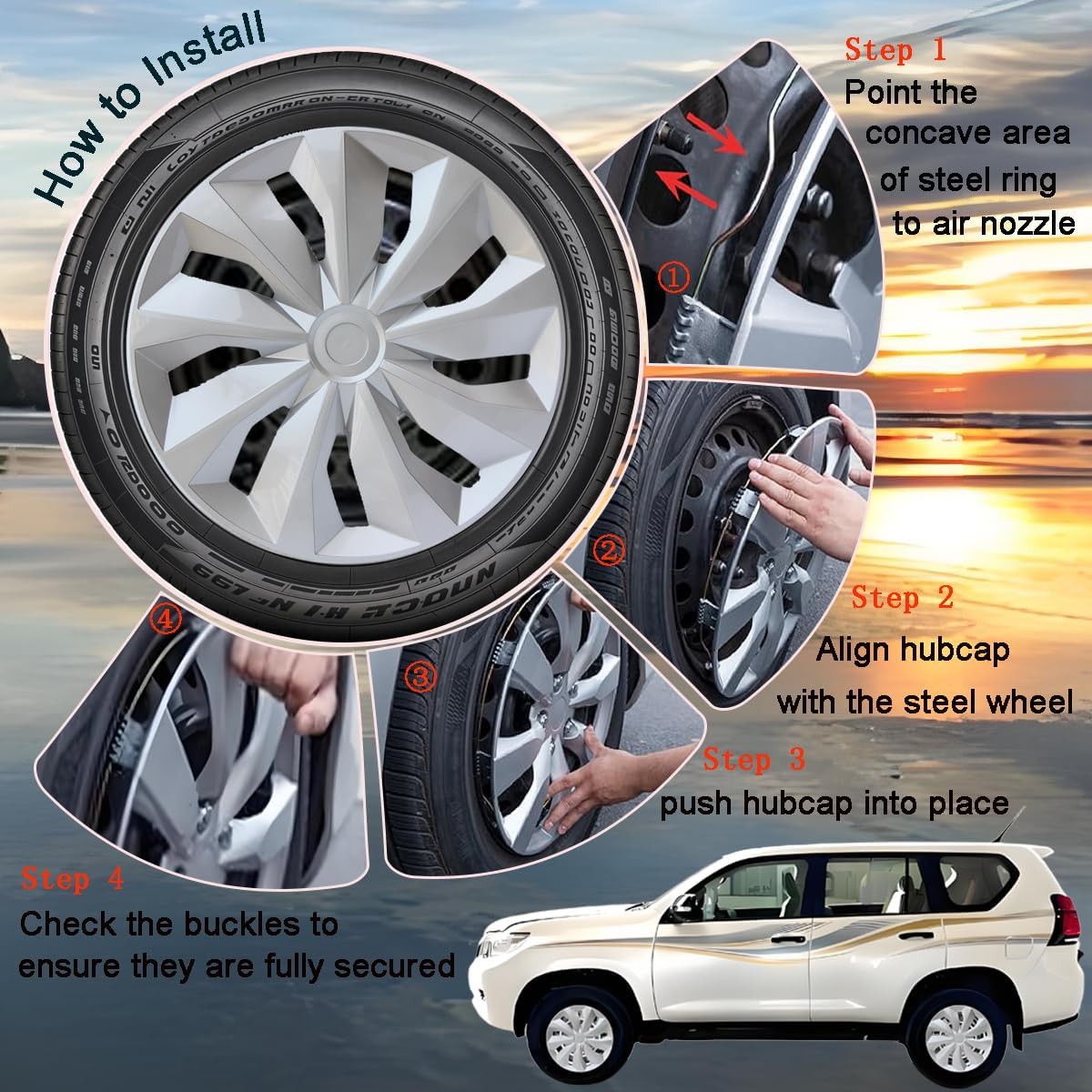 Beiled Universal Hubcap 16 inch ABS Tire Trim Cover, Pack of 4 Hubcaps Car Accessory, for Car Truck SUV，Silver