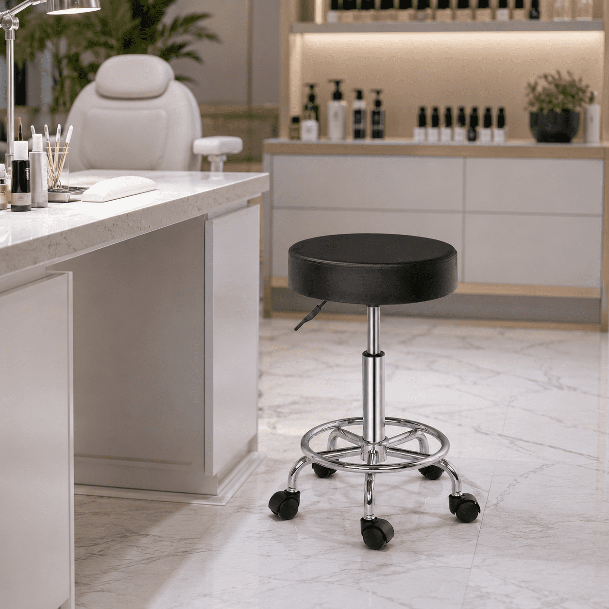 Alvantor Salon Stool with Thick Foam, Adjustable Height, 360 Swivel, Foot Ring, Black