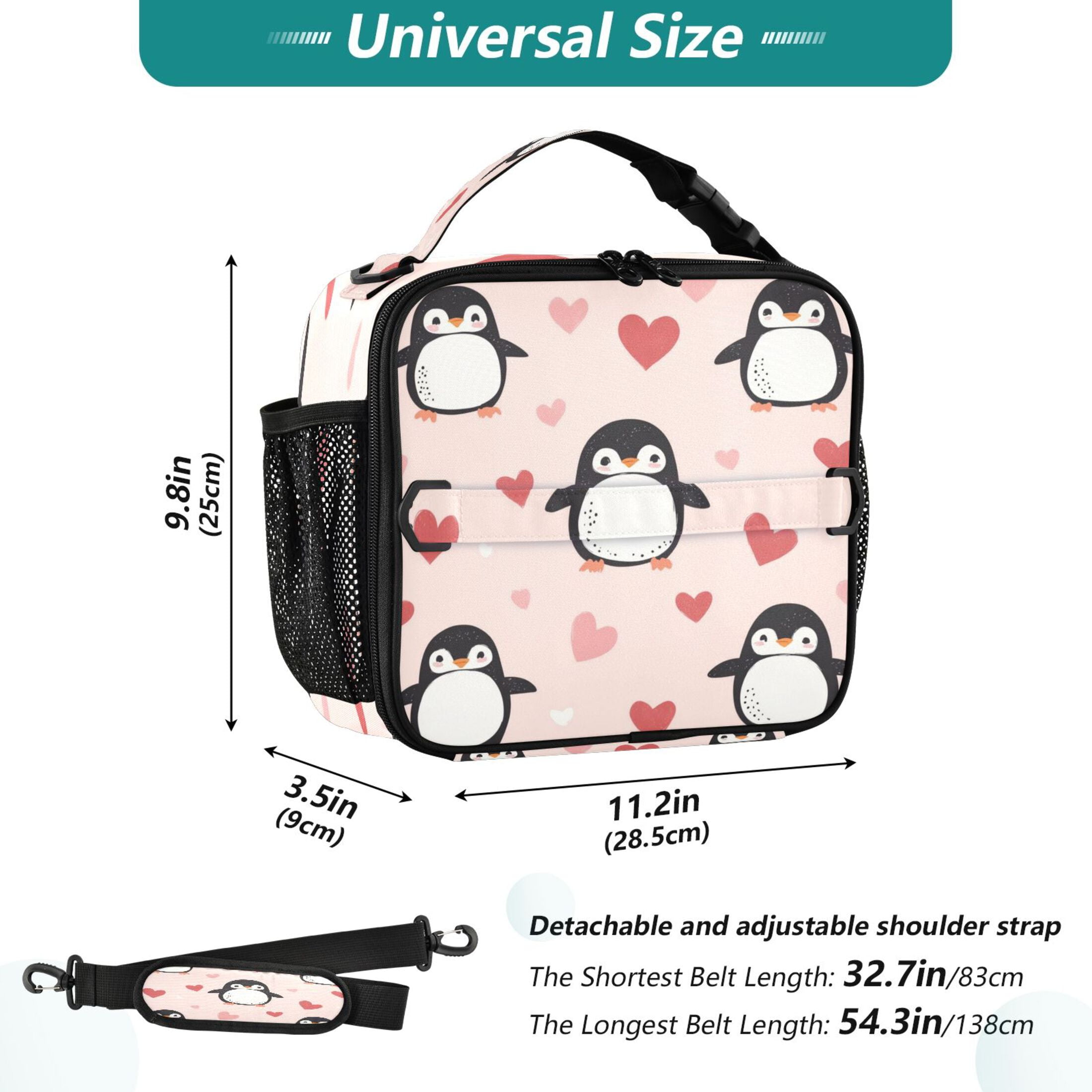 WOBOGO Cute Penguins Hearts Pattern Tote Lunch Bag High Quality Insulated Aluminium Film For Cold with Adjustable Shoulder Strap 11.2×9.8×3.5in