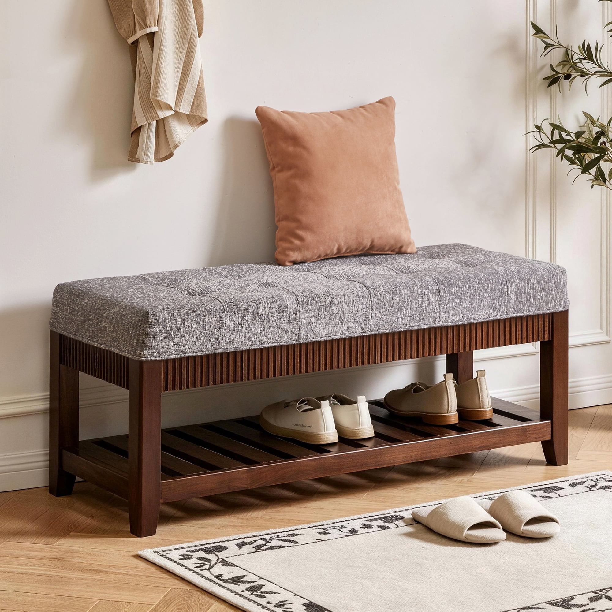 Solid Wood Entryway Bench, Solid Rubber Wood Shoe Bench with Padded Cushion and Lower Shoe Rack, Upholstered Storage Bench for Foyer Hallway Living Room