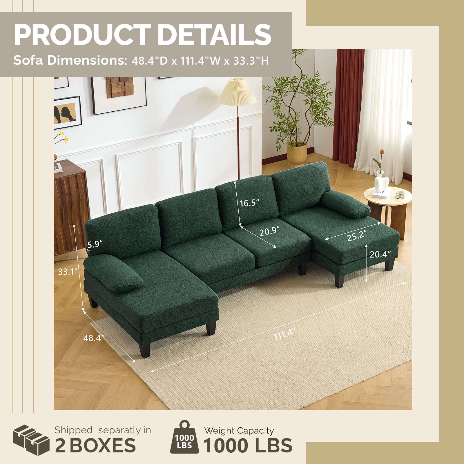 Ktaxon U-Shaped Sectional Sofa Set with Chaise, 4-Seater Blended Chenille Couch for Living Room, Apartment, Easy Assembly Green