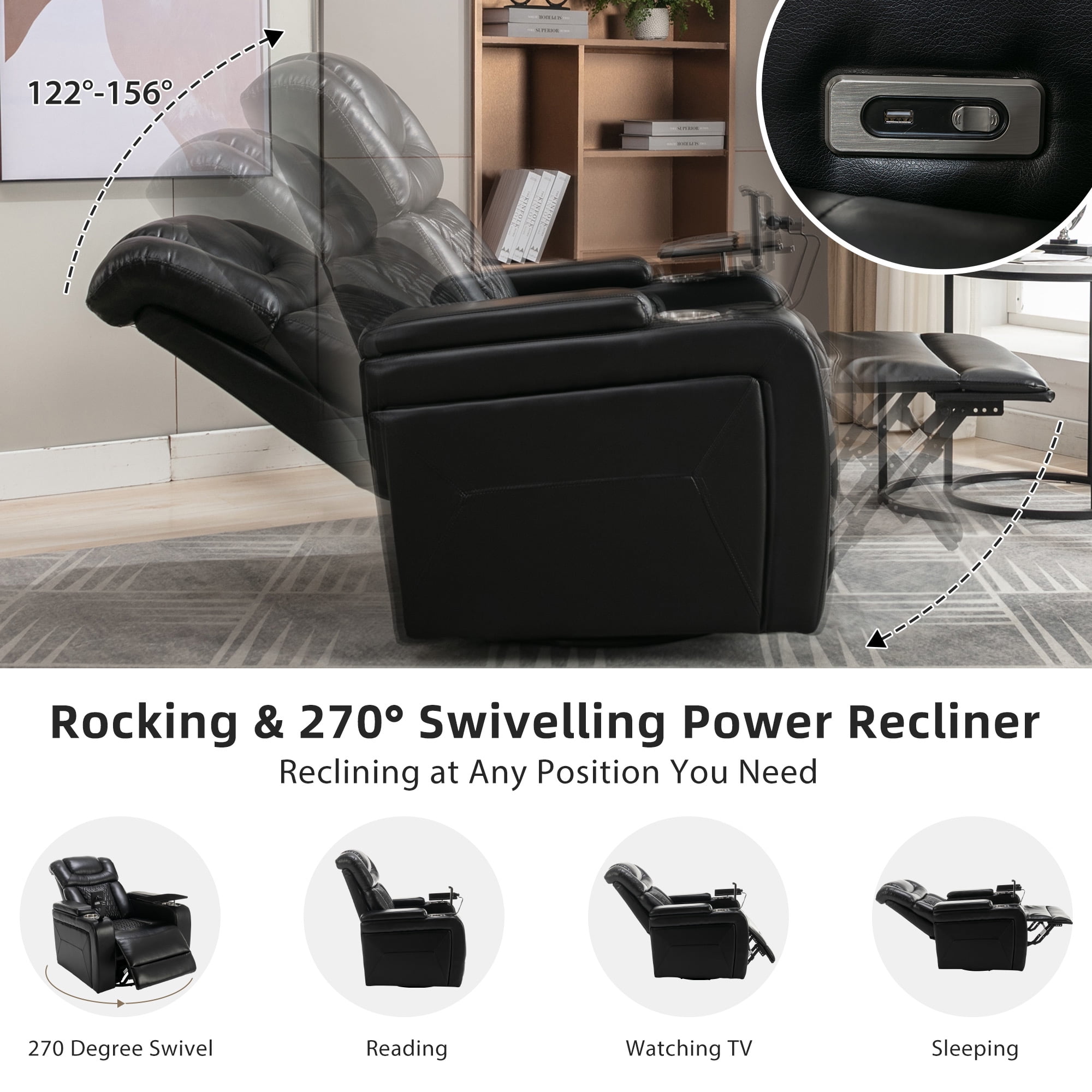Euroco 270 Degree Swivel PU Leather Power Recliner Individual Seat Home Theater Recliner with Tray Table, Phone Holder, Cup Holder, USB Port, Hidden Arm Storage for Living Room, Black