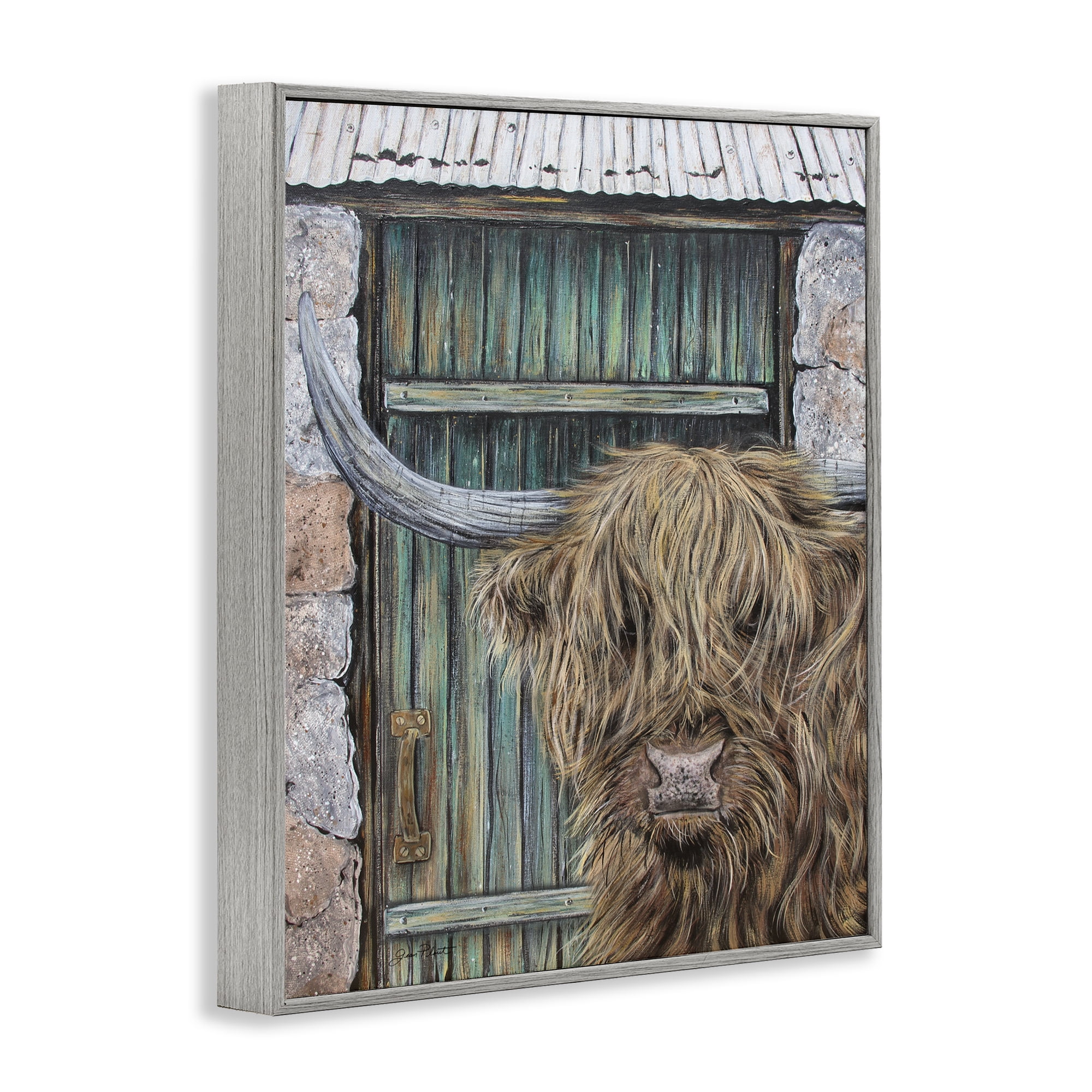 Highland Cow by Barn Door Gray Framed Giclee Art, design by Jean Plout
