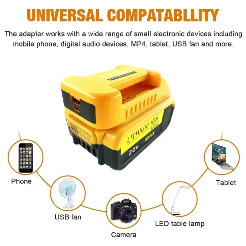 USB Charger Adapter for Dewalt 18V 20V Lithitum Battery Portable Type-C Port Fast Charging Battery Storage Rack Holder Case