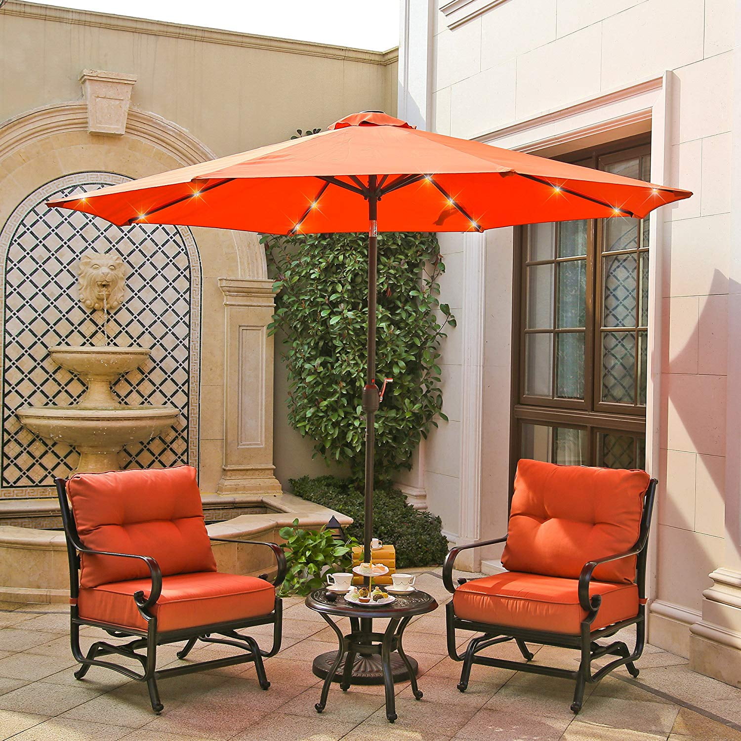 Aok Garden 10ft Duluxe Tilting Solar Led Lighted Market Patio Table Outdoor Umbrella With Antique Brown Finish W Crank System And Tilt Function