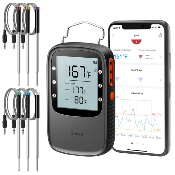 Govee Bluetooth Meat Thermometer, Wireless Meat Thermometer for Smoker Oven, Digital Grill Thermometer with 6 Probes, Timer Mode, Smart LCD Backlight BBQ Therm