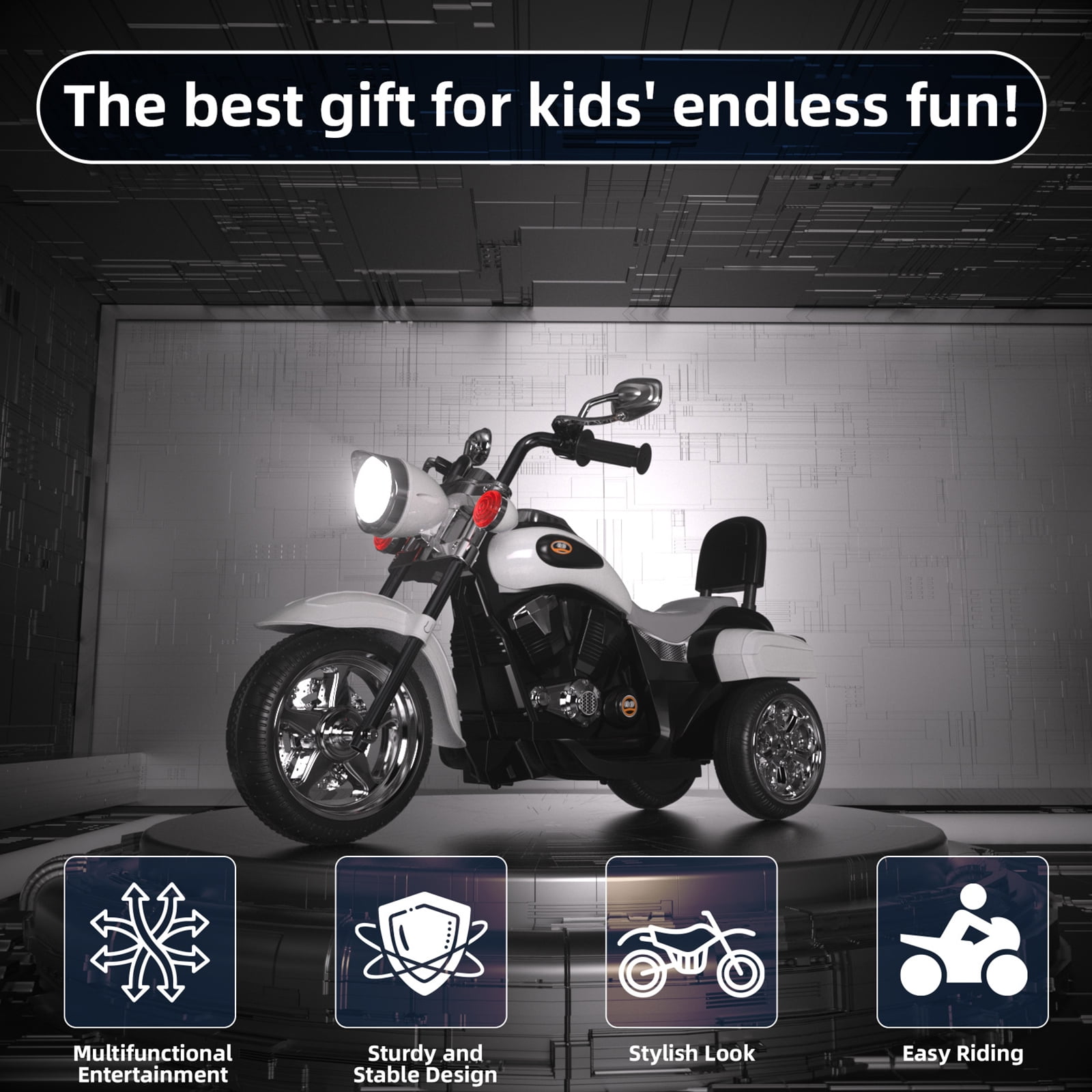 XJD Kids Electric Motorcycle, 6V Battery Powered Ride on Chopper Motorcycle with Horn, Headlights, 3 Wheels Electric Motorcycle for Children, White