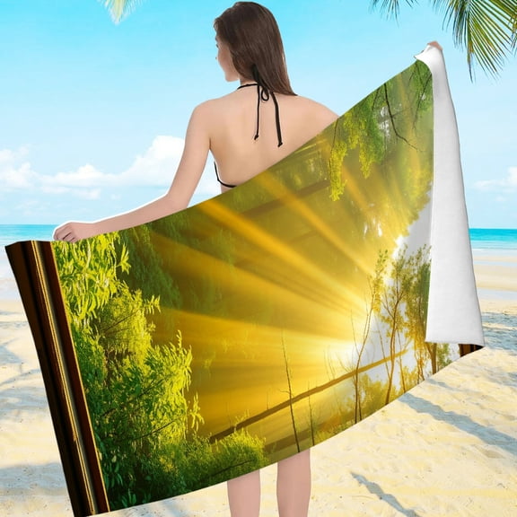 RKSupls Forest Window Sunlight Microfiber Beach Towel, Extra Large Quick Dry Lightweight Towel for Travel Swimming Camping, Soft Super Absorbent- 55.1x27.6in