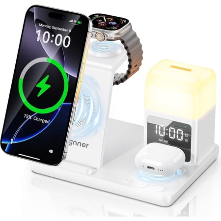 6 in 1 Wireless Charging Station with Clock & Night Light,Alarm Clocks for Bedrooms,Wireless Charger Stand with Beside Clock for iPhone 17/16/15/14/13/12 Pro Max, Apple Watch,Airpods (White)
