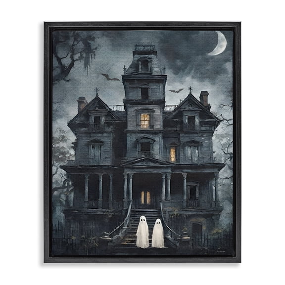 Stupell Industries Ghost Pair & Haunted Mansion Holiday Painting Black Floater Framed Canvas Art Print Wall Art, 17 x 21