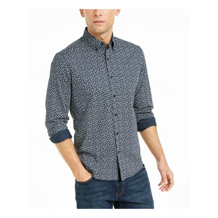 MICHAEL KORS Mens Navy Floral Collared Dress Shirt M
