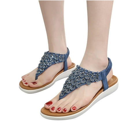 

UMfun Summer Sandals For Women Pinch Toe Flat Slip On Sandals Crystal Roman Shoes Open Toe Casual Sandals