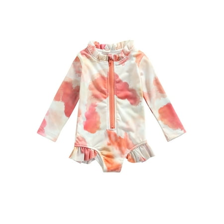 

Sunisery Summer Toddler Baby Girls Swimwear Tie-Dye Printed Ruffle Long Sleeve Zipper Beachwear Outfits Orange Pink 18-24 Months