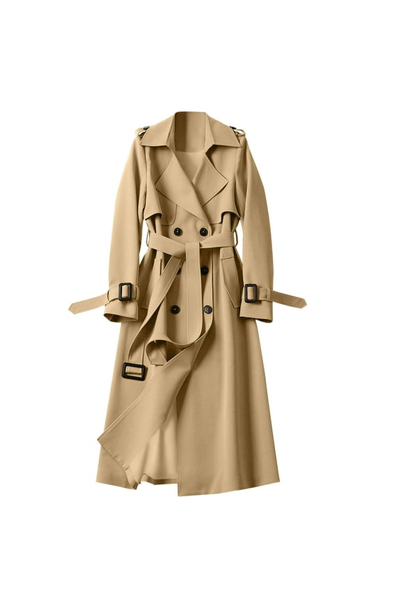 Women's Double Breasted Long Trench Coat Belted Notch Lapel Overcoat Windproof Classic Outerwear