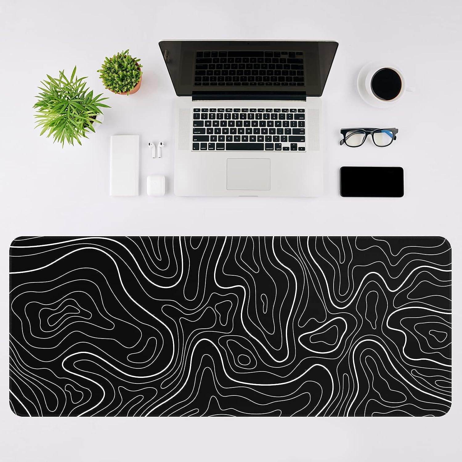 Mouse Pad Gaming Keyboard Pad 31.5 x 11.8in Topographic Mouse Pad Black White Mouse Mat for Keyboard with Anti-Slip Rubber Base,Big Mouse Pad Long Mouse Pad Mouse Mat