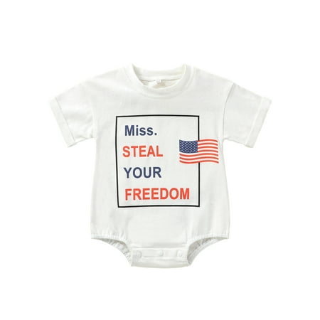 

Qtinghua 4th of July Infant Baby Girl Boy Outfit Mr.Steal Your Freedom Short Sleeve Romper Jumpsuit American Flag Clothes White 18-24 Months