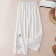 thumbnail image 2 of Palazzo Pants for Women Spring Summer Cotton Linen Floral Embroidery Elastic Waist Wide Leg Flowy Beach Pants with Pockets, 2 of 4
