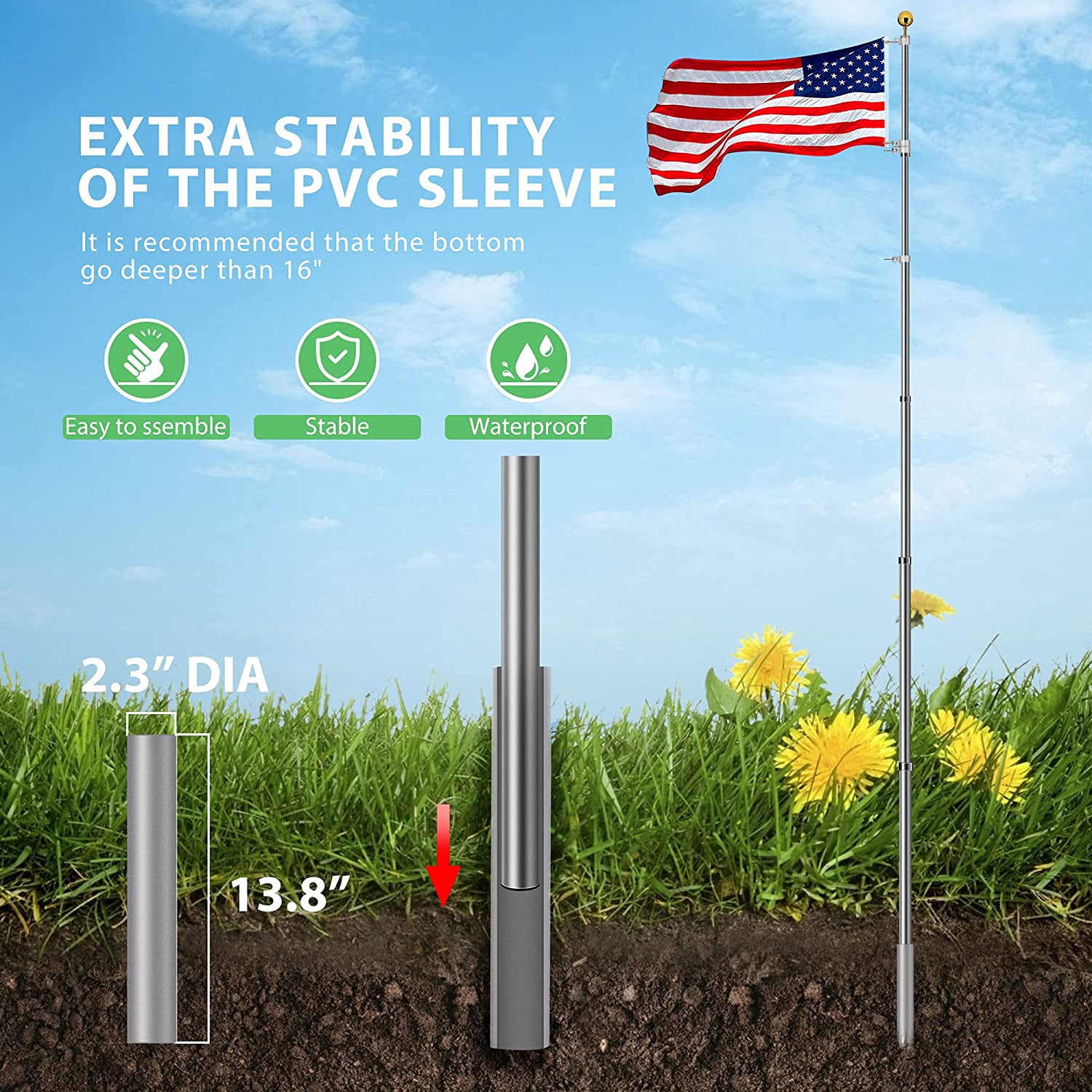 SPECSTAR 30 ft Telescoping Flag Pole Kit, Flagpole with 3x5 Polyester American Flag and Golden Ball
