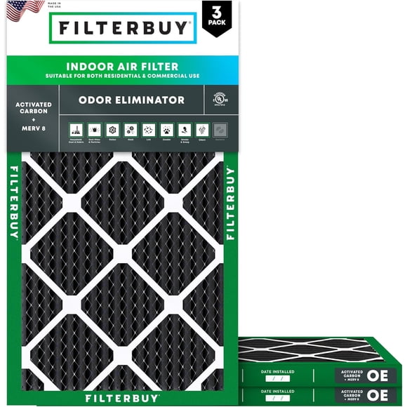 Filterbuy 14x25x1 MERV 8 (MPR 600) Éliminateur d'Odeurs, Filtres à Air Plissés pour CVCA/climatiseur de Four (Lot de 3)