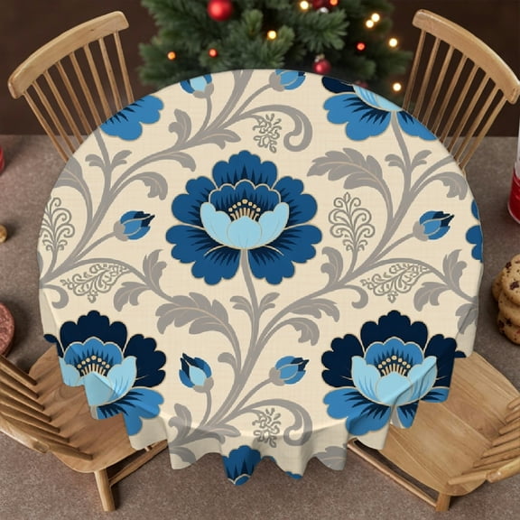 Tablecloth for dining table round - Turquoise Teal Foral Print, Polyester Tablecloths Kitchen Accessories Tablecloth for dining table, Cafe, picnic,60x60 Inch