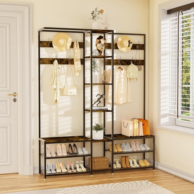Coat Rack with Shoe Storage: Coat Stand with Shoe Bench Hall Tree Free Standing Clothes Hat Hanger with Metal Frame Industrial Style for Hallway Entryway Living Room