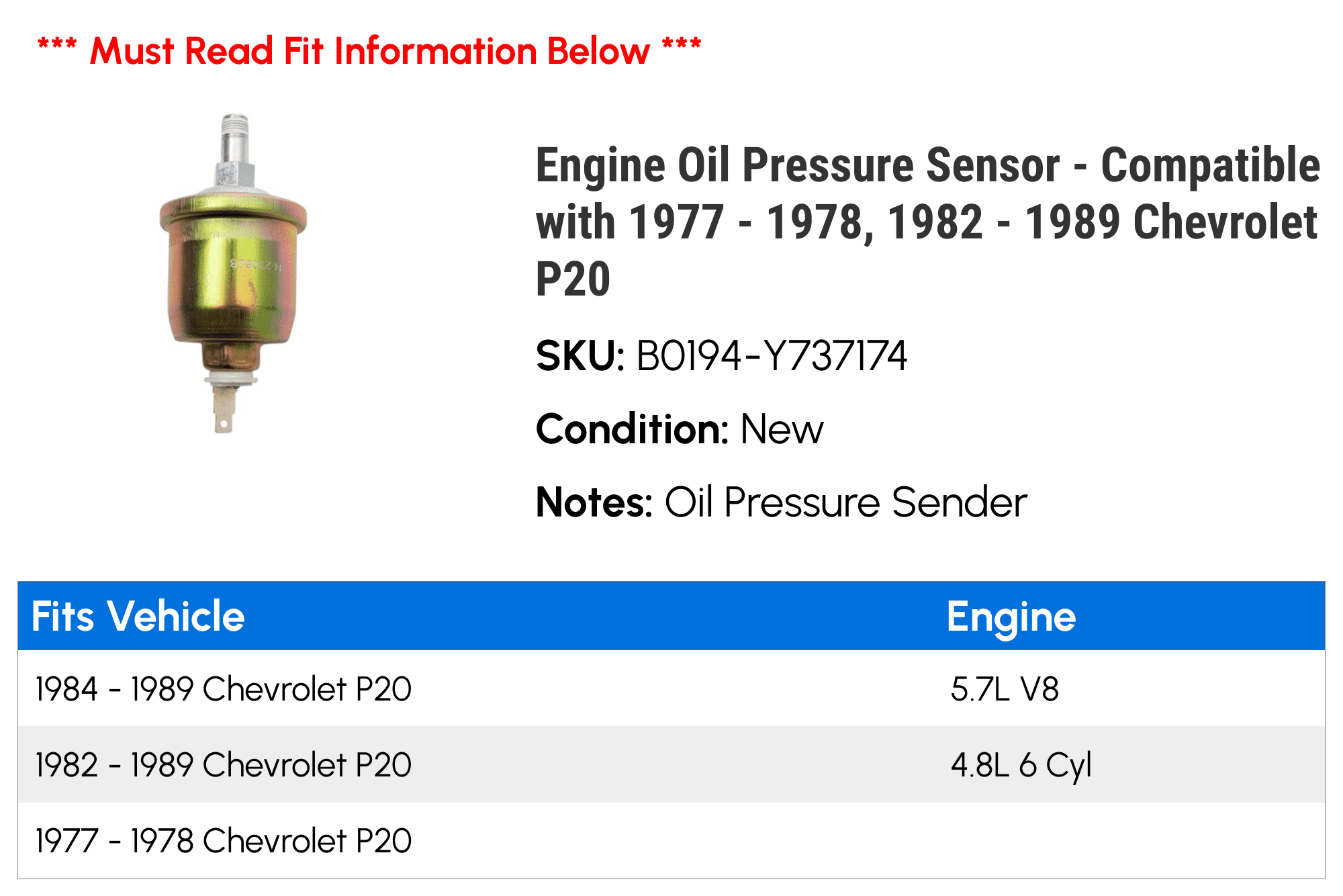 Engine Oil Pressure Sensor - Compatible with 1977 - 1978, 1982 - 1989 Chevy P20 1983 1984 1985 1986 1987 1988