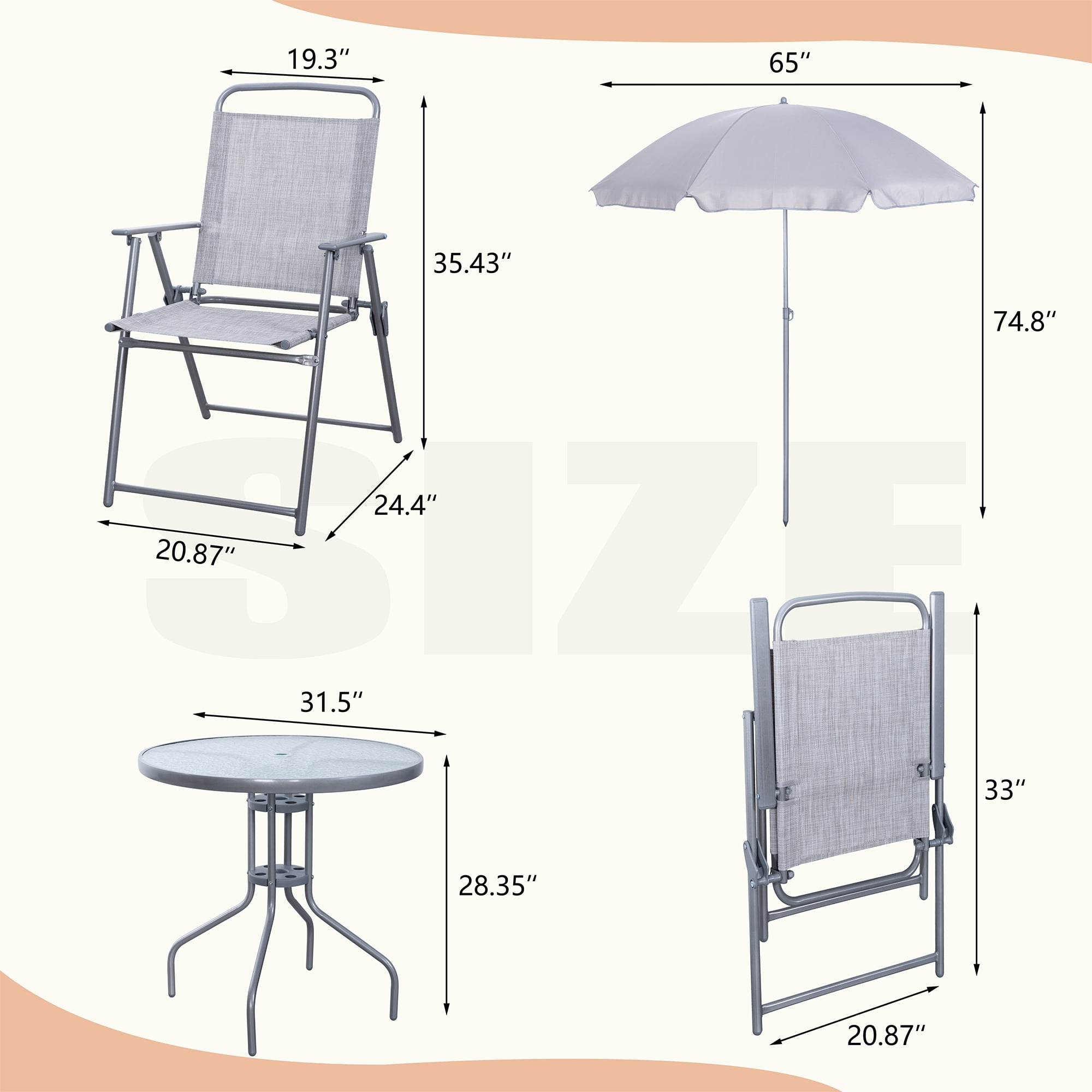 Walsunny 6 Piece Patio Furniture Set with Umbrella, Outdoor Patio Dining Set with 4 Folding Chairs and Tempered Glass Dining Table, Silver