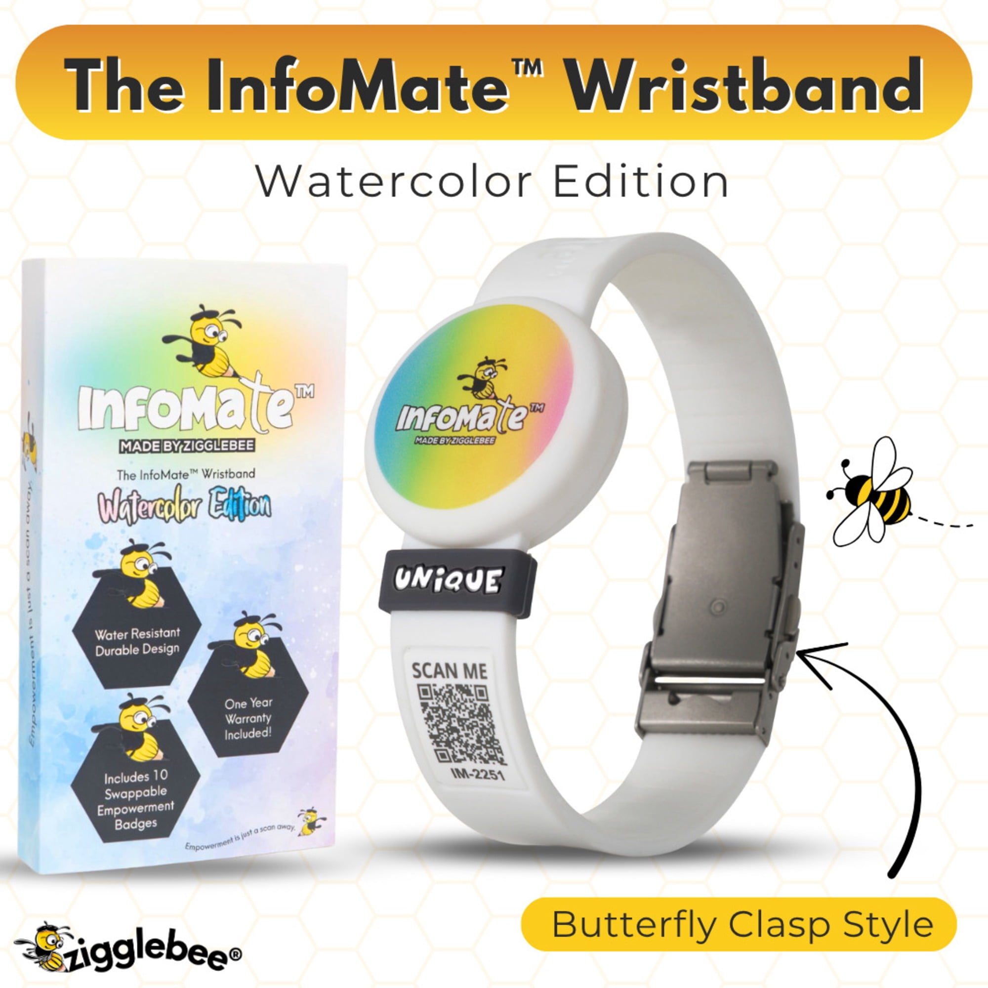 InfoMate by Zigglebee QR Code Medical Bracelet and AirTag Holder Wristband, Pure White, Butterfly Clasp