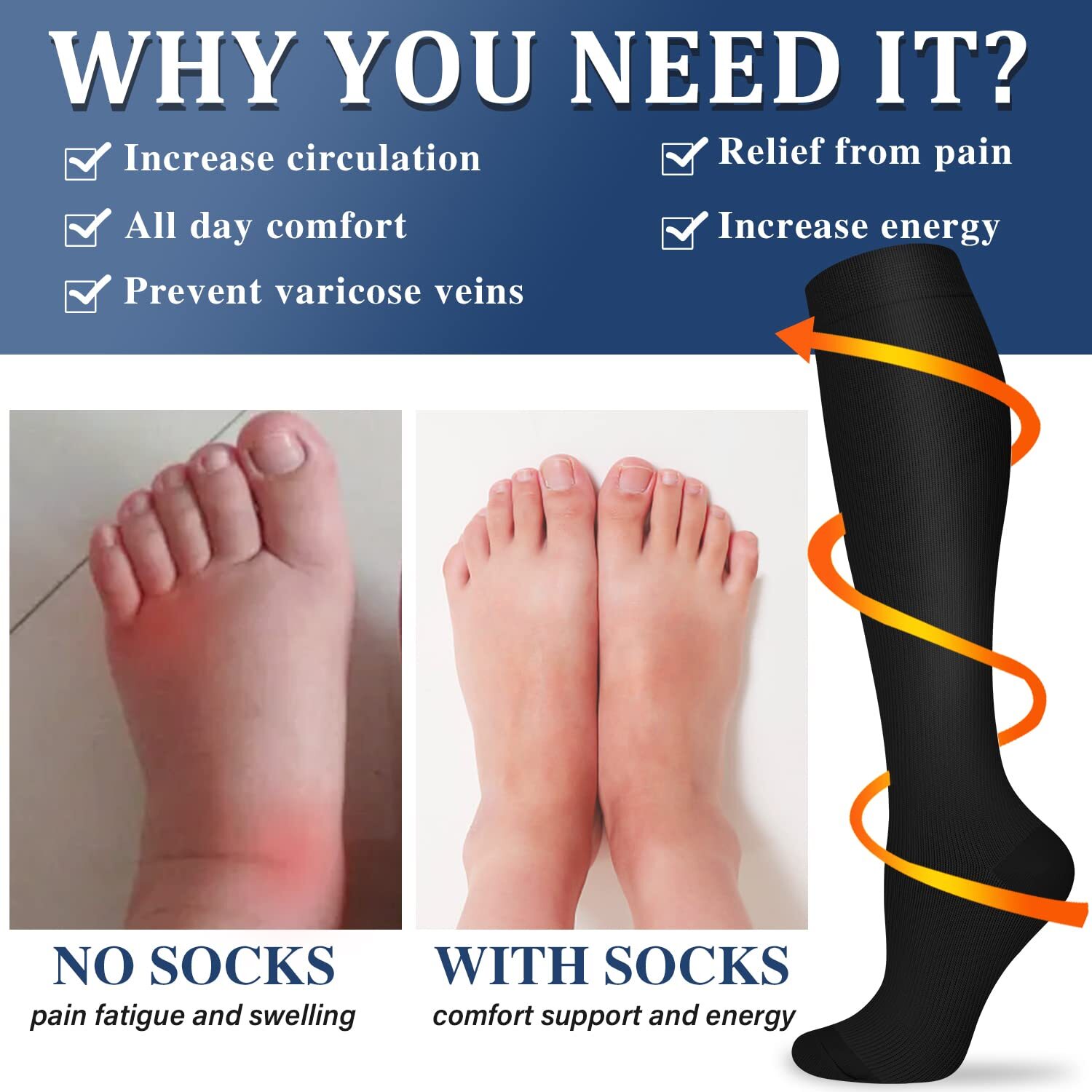 3 Pairs Medical Sport Compression Socks - 15-20mmhg Graduated Knee-High ...