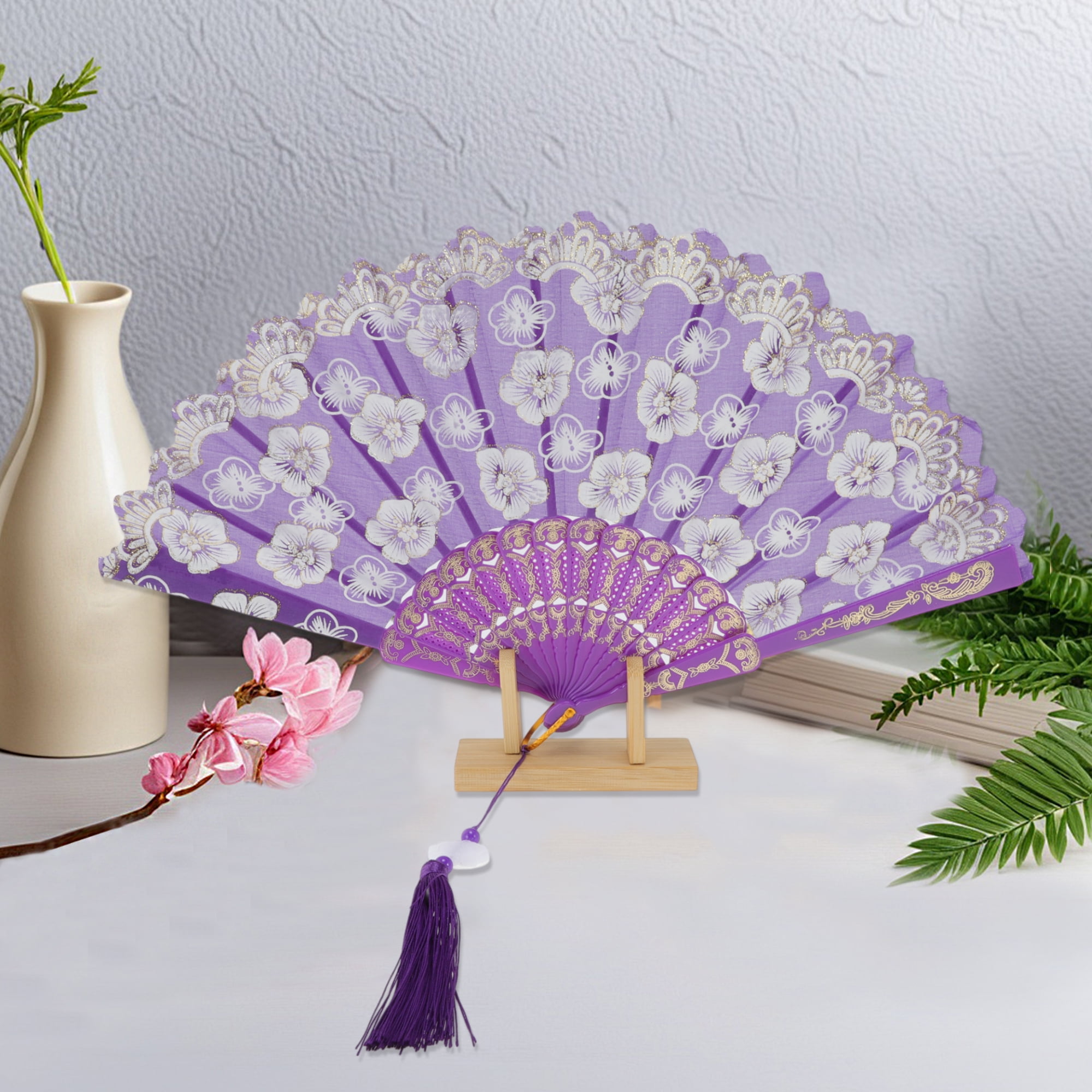 Unique Bargains Elegant Cherry Blossom With Tassel Folding Fan 1 Pc Purple