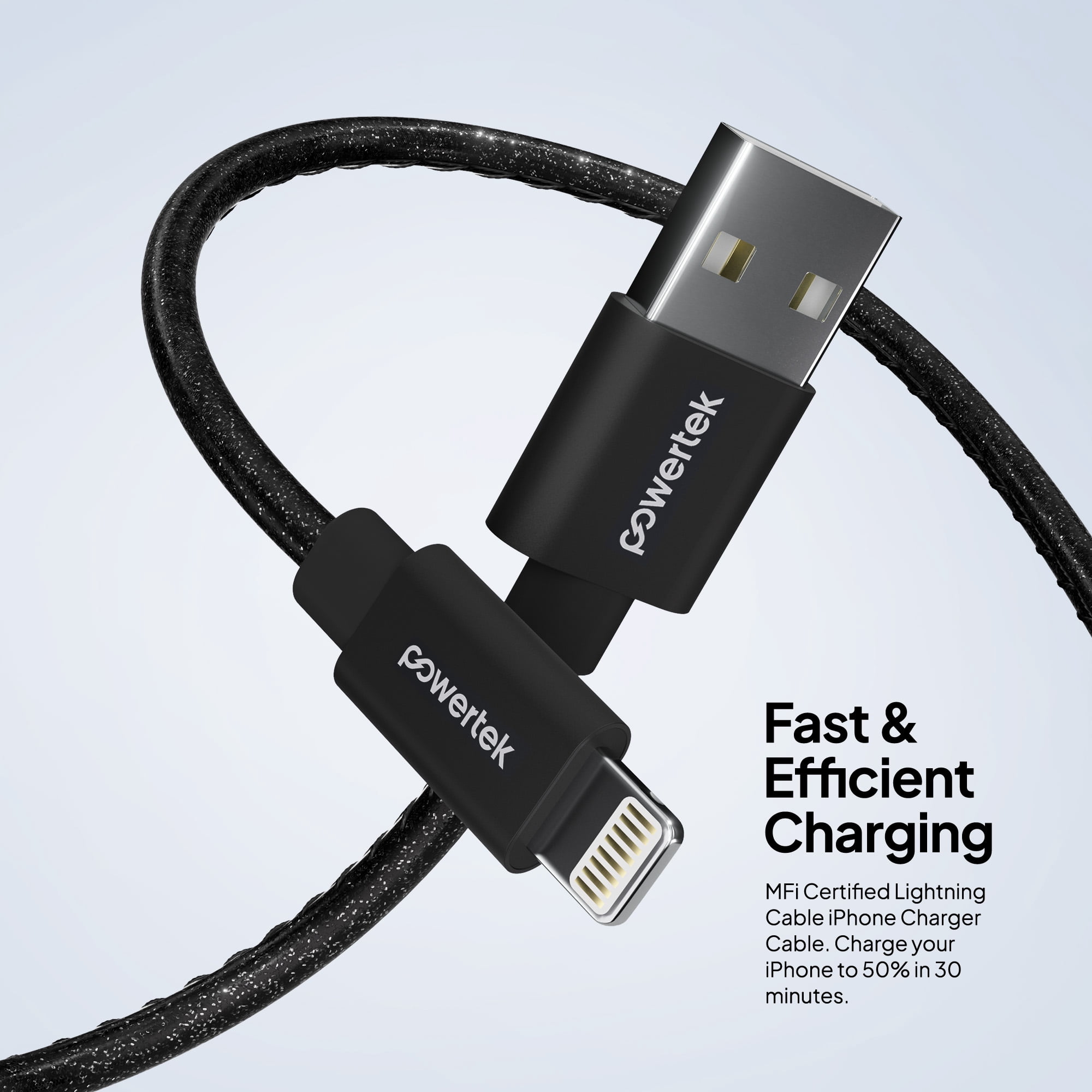 Powertek USB-A to Lightning Cable, Fast Charging iPhone Charger Cord, Durable Tangle-Resistant Sync Cable, Black Glitter, 6FT