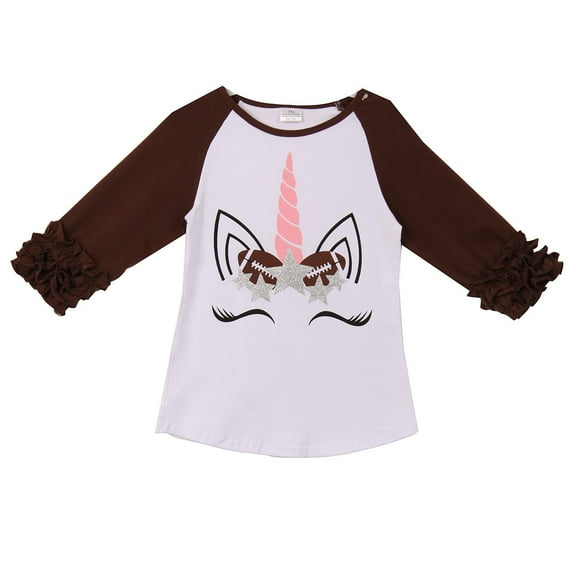 Little Girl Kids Unicorn Football Stars Raglan Ruffle Shirt Top Tee T-Shirt White Brown 2T XS (201586)