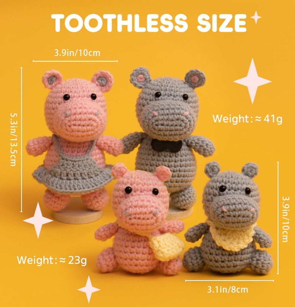 Hippo Family Crochet Kit for Beginners, Amigurumi Starter Set with Yarn, Hooks & Step-by-Step Video Tutorials, TIKA