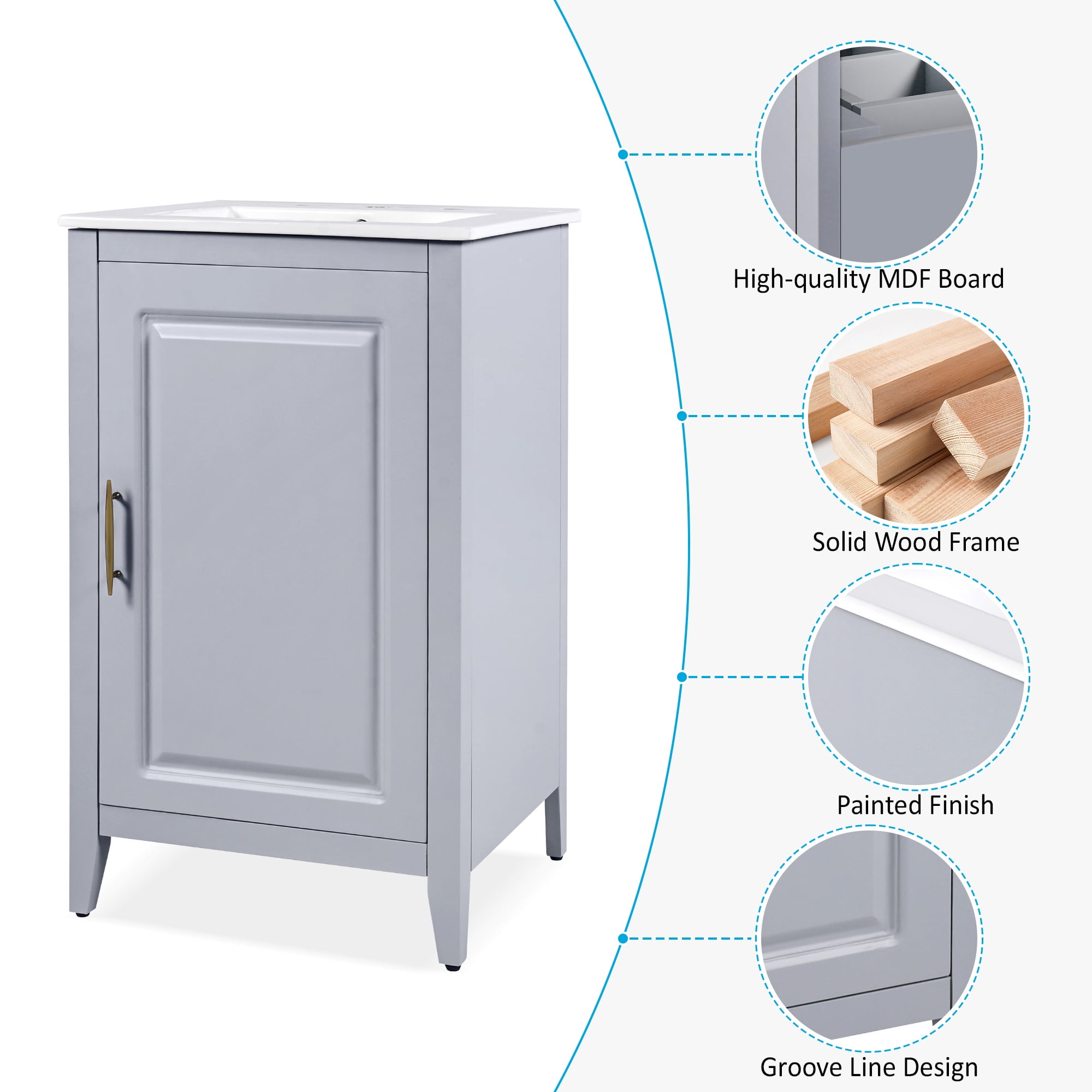 Leumius 20.3" Modern Bathroom Vanity with Sink, Functional Drawers & Built-in Door Shelves, Premium Soft-Close Doors - Sleek Space-Saving Design.Grey