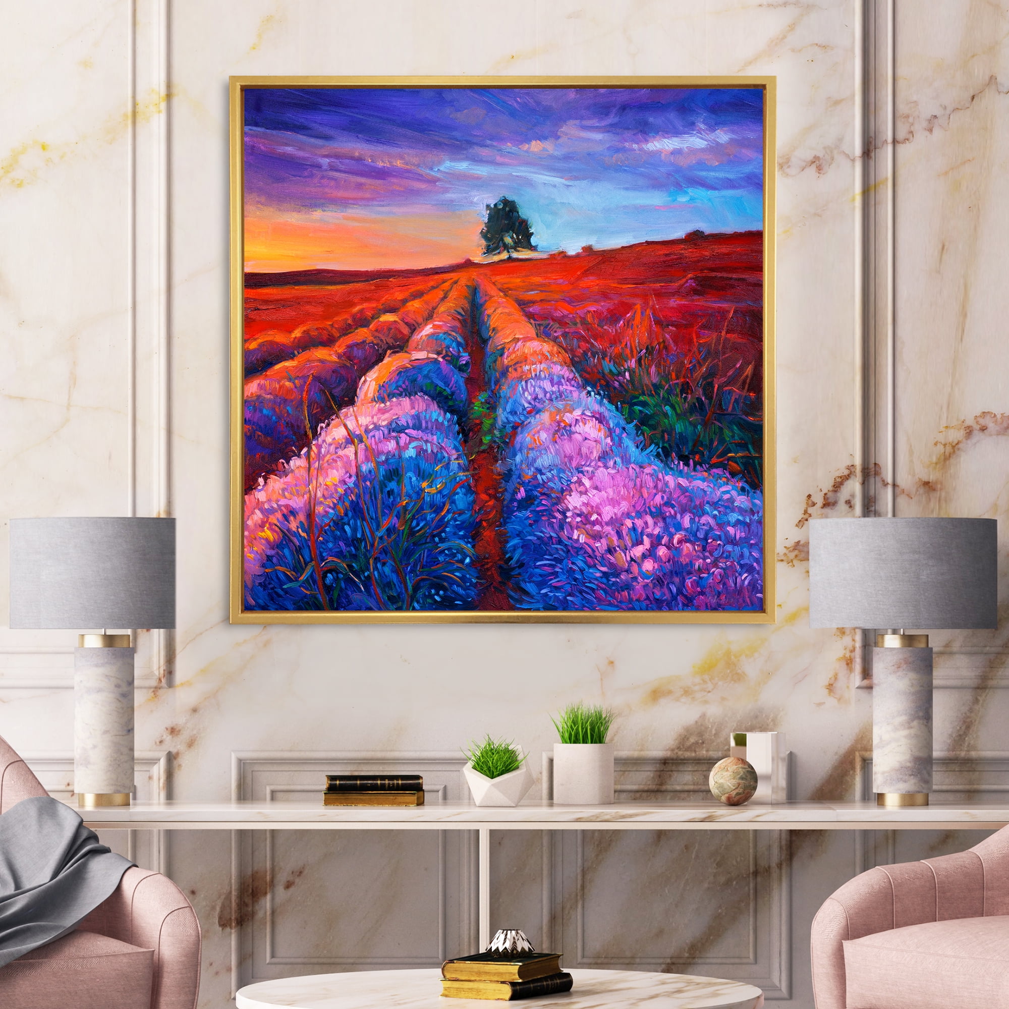 Designart 'Lavender Fields With Distant Tree & Sunset Glow' Farmhouse Framed Canvas Wall Art Print