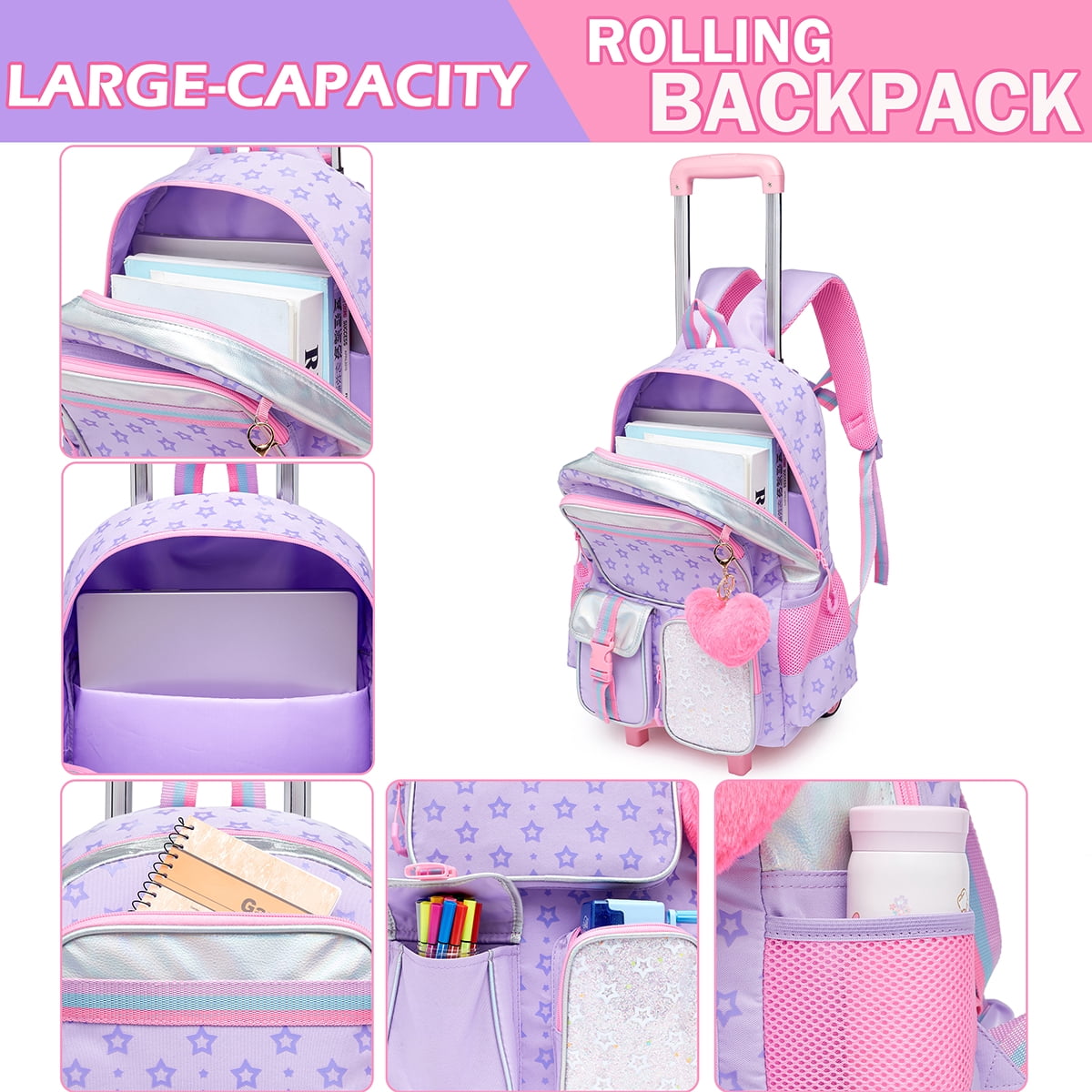 Kids Rolling Backpacks for Girls with Wheels Roller Backpack with Lunch Bag Pencil Case for Elementary Students Bookbag for 6-12 Years Old