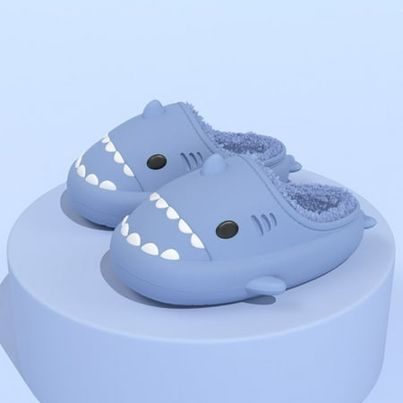 

CoCopeanut Cartoon Shark Men Cotton Plush Slippers Women Warm Winter Adults Kids Shoes Parents Children Waterproof Eva Indoor Outdoor Slide