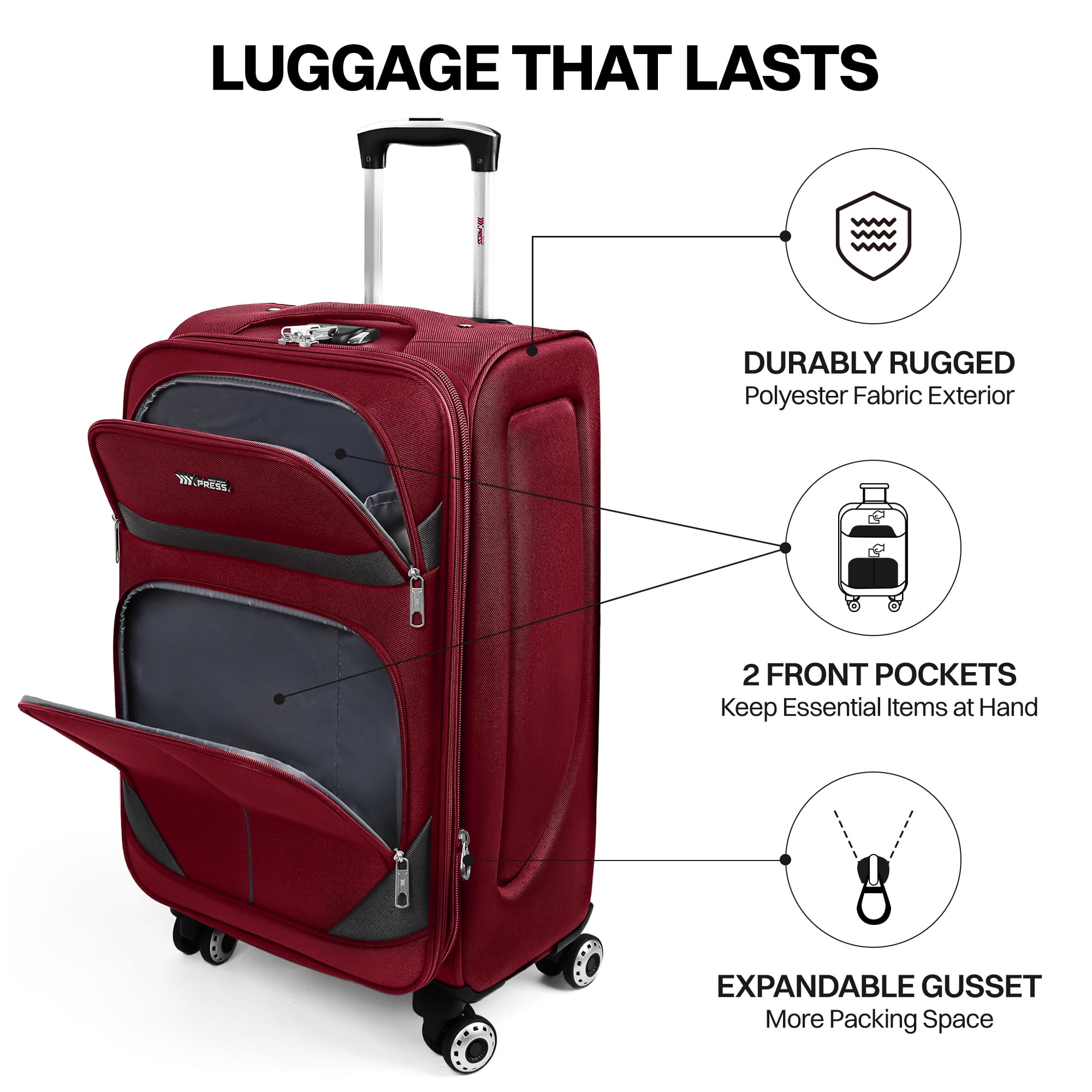 New York Xpress 2-Piece Softside Luggage Set Lightweight Expandable Spinner Suitcase, 20" Carry-on & 28" Checked, Burgundy/Grey, WD8815