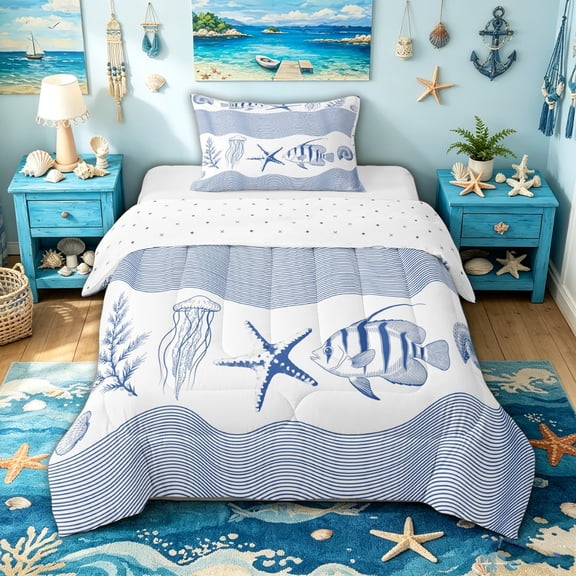spefrowx Vintage Line Tropical Fish Twin Comforter Sets for Kids Boys, Navy Wave Jellyfish Starfish Bedding Set, Reversible, 2 Pieces, 1 Comforter and 1 Pillowcase