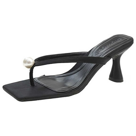Womens Heeled Sandals Flip Flops Square Toe Slide Kitten Heel Pearl Decoration Solid Color Simplicity Dressy Non Slip Summer Pumps Black