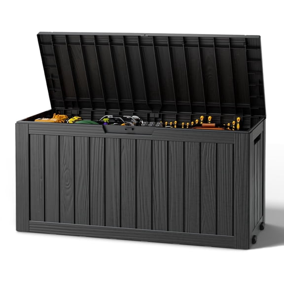Nihsuao 80 Gallon Wood-grain Resin Deck Box, Lockable Weatherproof Outdoor Storage Bin for Patio Cushions, Garden Tools, and Backyard Use(Black)