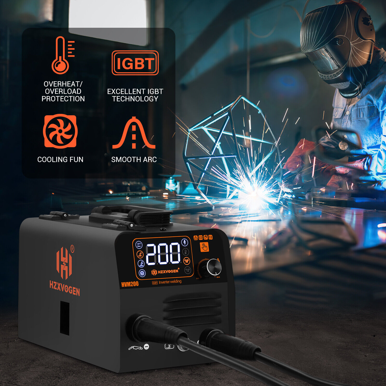 H HZXVOGEN 200A Gasless MIG Welder, 3-in-1 Flux Core/Lift TIG/MMA, 110V Portable IGBT Inverter with Digital Display, HVM200