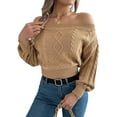 thumbnail image 3 of Womens Off the Shoulder Sweater Solid Cable Knitted Pullover Jumper Top Casual Long Sleeve Cropped Sweaters Khaki S, 3 of 9